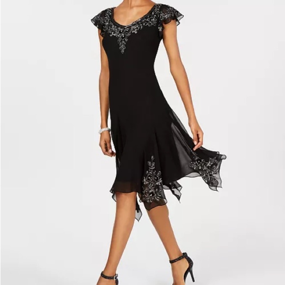 J Kara Black and Silver Embellished Handkerchief-Hem Dress Size 6